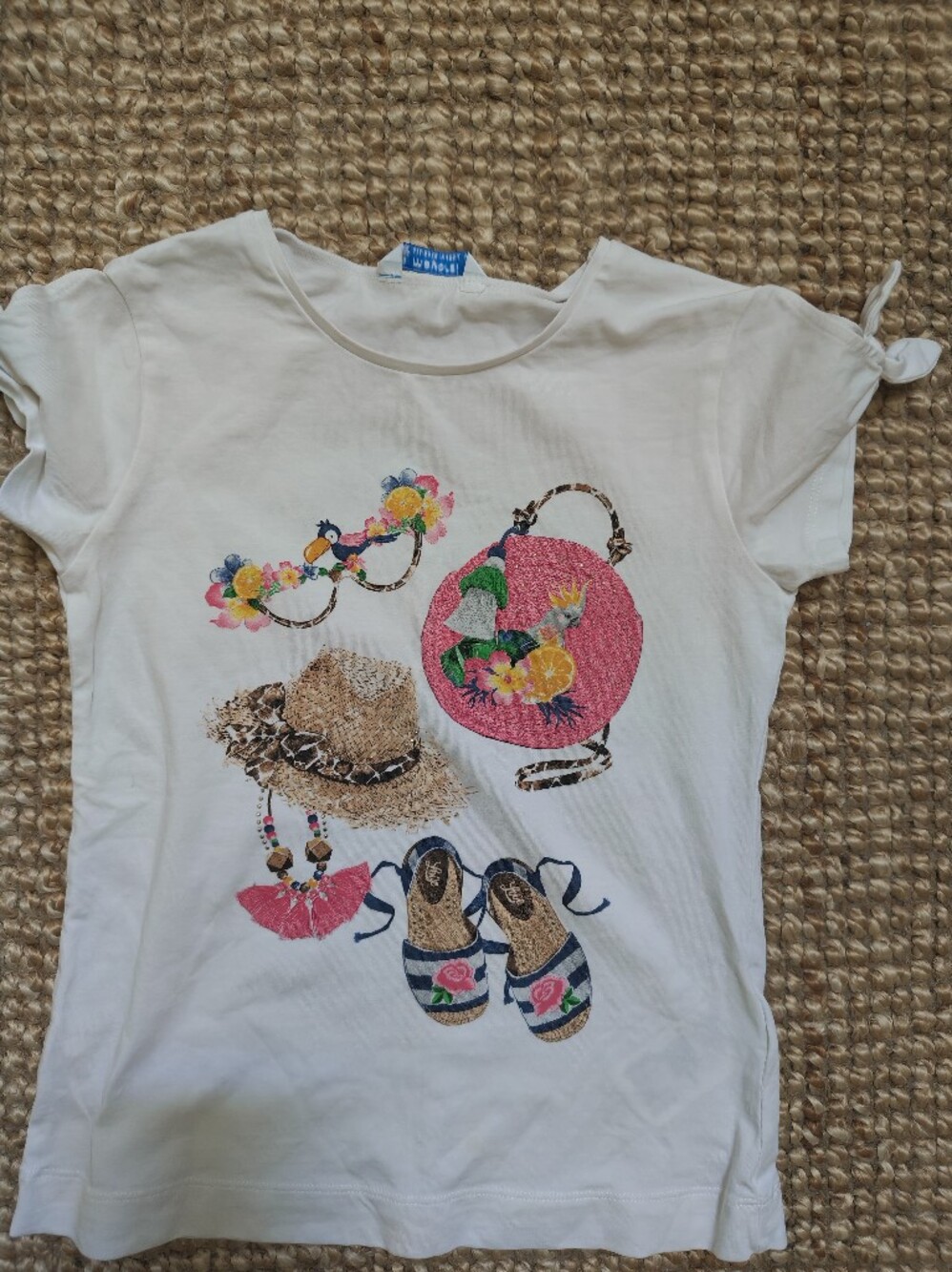 Mayoral White Tee with Pink Straw Bag and Floral Sunglasses Graphic